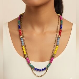 Long 90s Retro Multi Primary Color Strand Beaded Gold Tone Chain Necklace